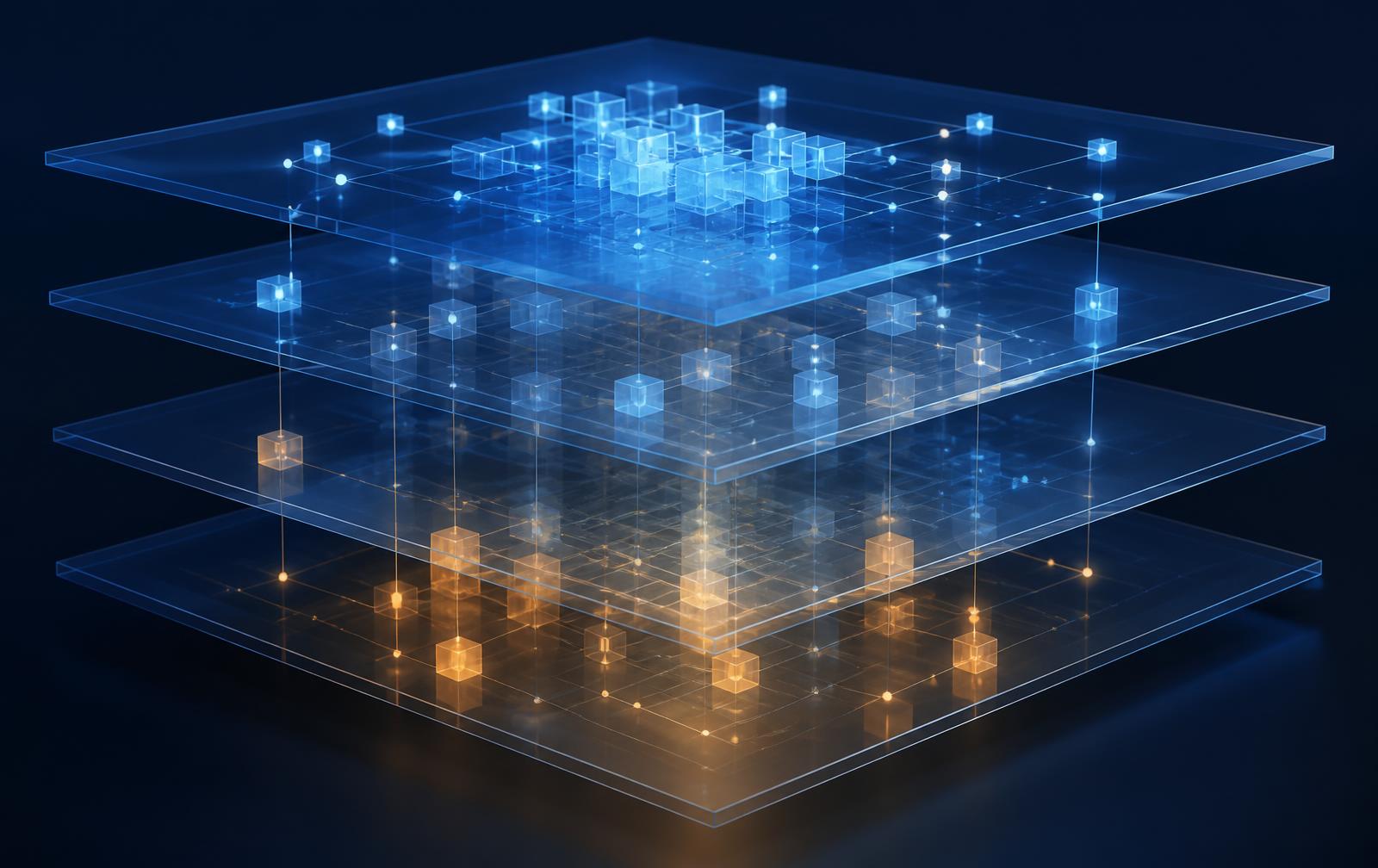 Abstract visualisation of layered data architecture with connected nodes across translucent planes